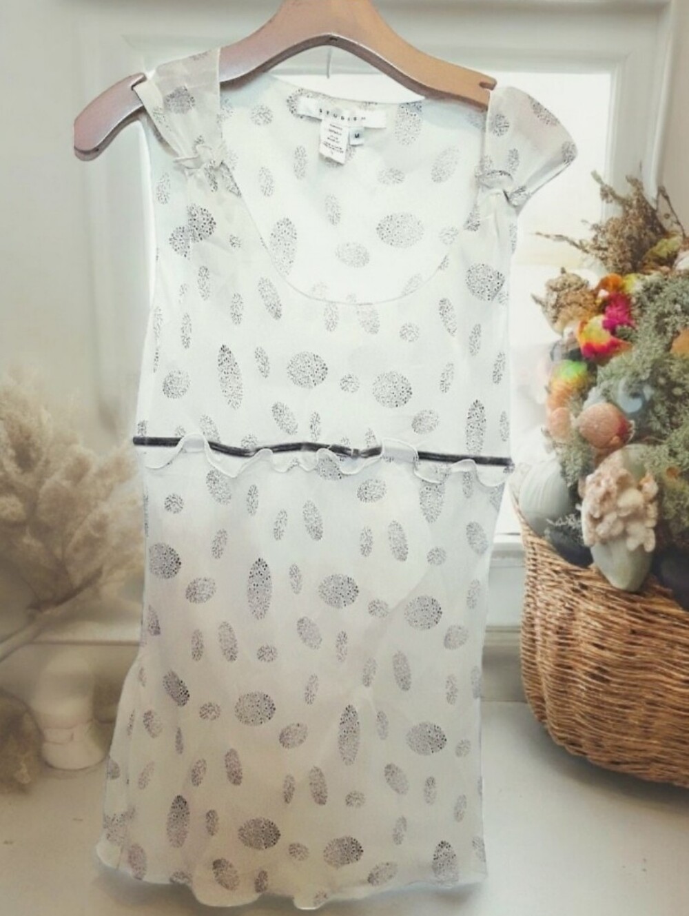 Studio M White Silk Top with Delicate Black Botanical Print